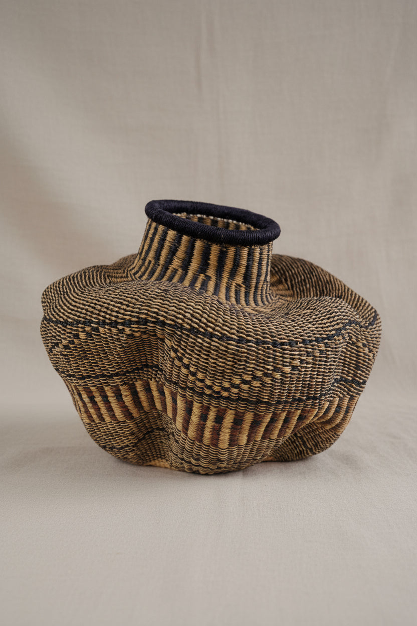 Woven basket with a textured design on a white background